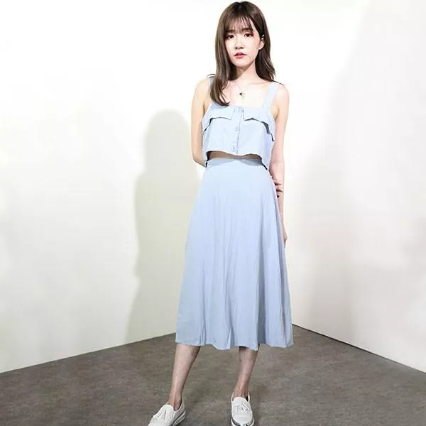 甜美度假無袖套裝上背心下中長裙二件套 2色 A1017