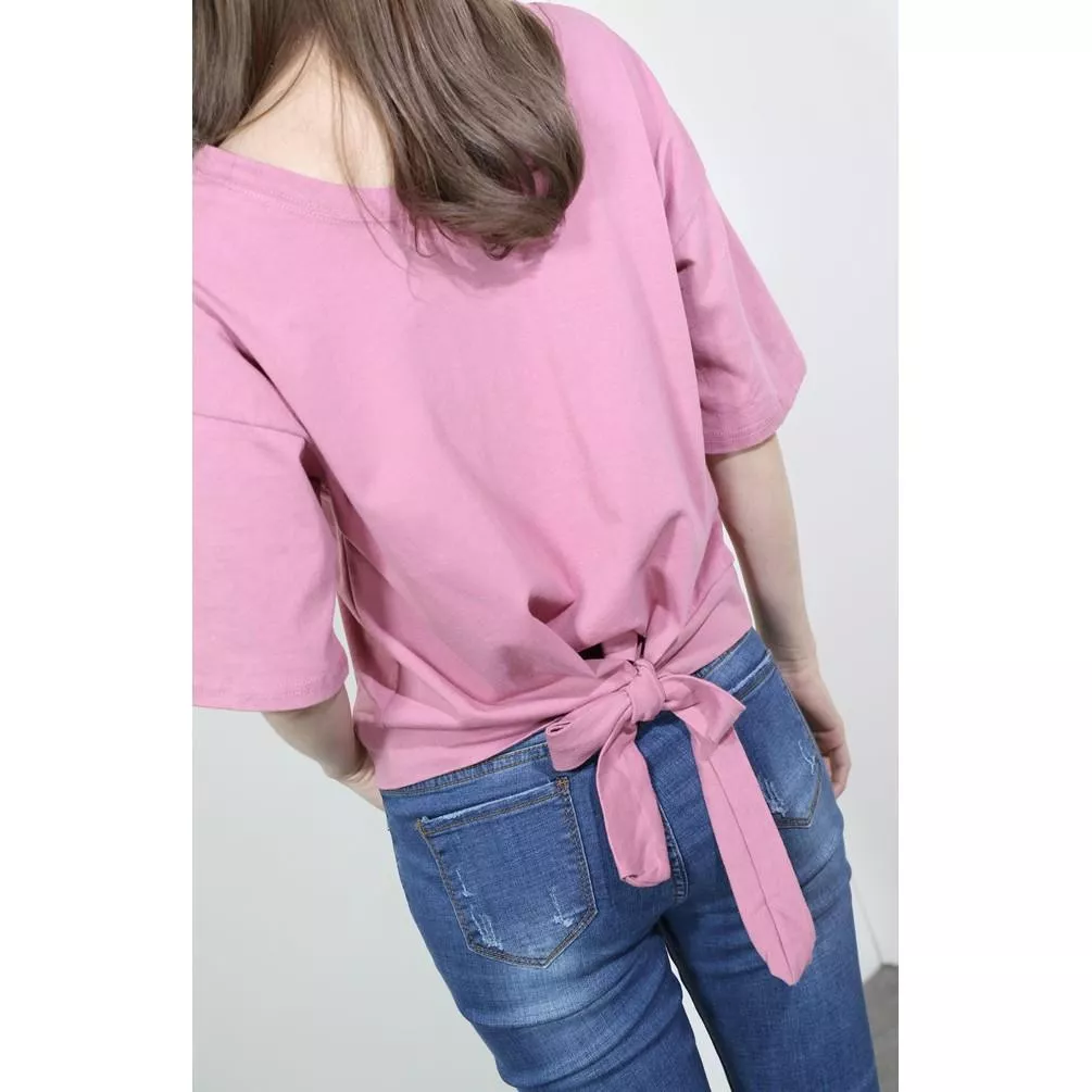 素色圓領顯瘦落肩後綁帶縮腰七分袖短袖上衣 A1013