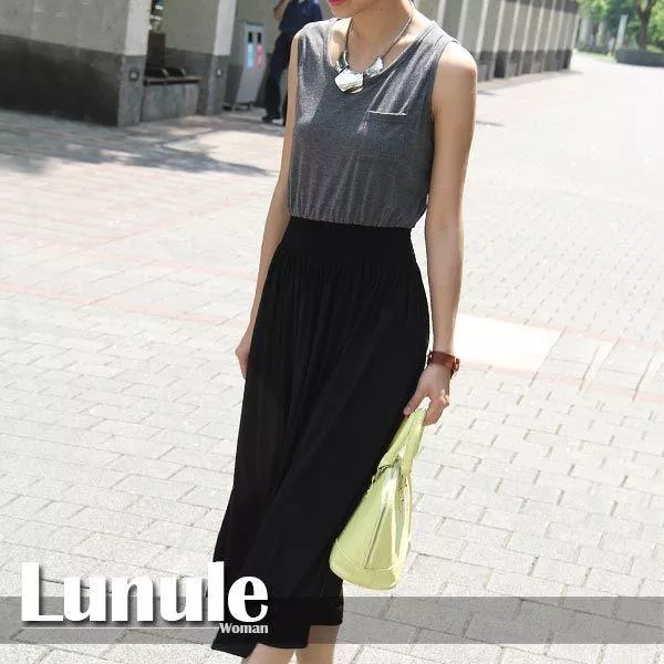 韓 棉質拼接撞色口袋彈性收腰無袖連身長裙連身裙連衣裙 2色/A141