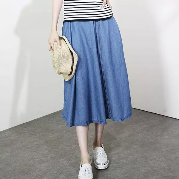兩片交叉口帶休閒寬鬆舒適鬆緊丹寧牛仔過膝長裙牛仔裙 2色  A1027