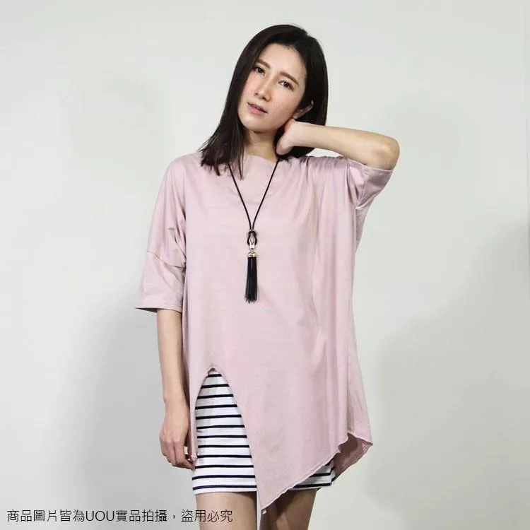 韓‧圓領不規則兩件式上衣內搭條文素面中長版洋裝寬鬆修身顯瘦棉質不修邊T恤短T七分袖上衣可搭牛仔褲A1015