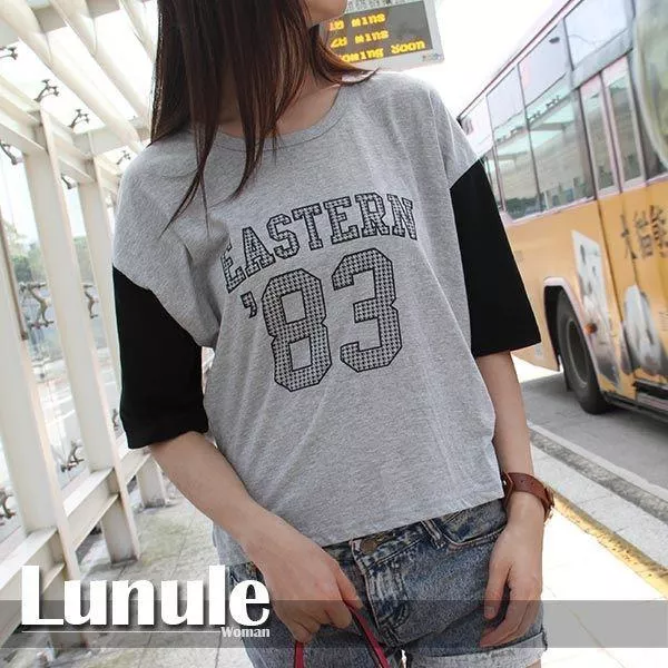 韓 棉t短版質感數字拼接袖口顯瘦寬鬆撞色短袖棉質T恤短袖上衣 2色 A180