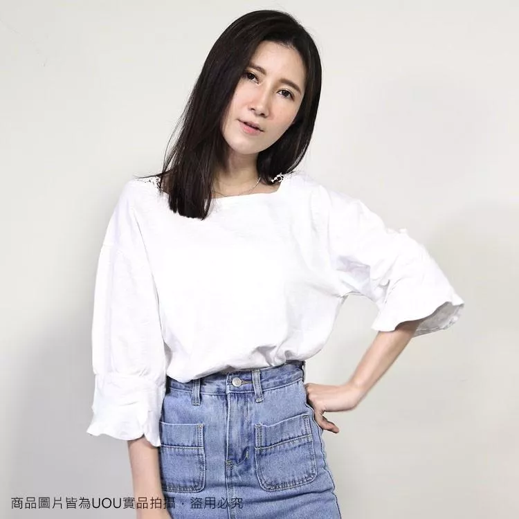 韓‧春夏 圓領拼接蕾絲七分袖荷葉袖口短袖上衣T恤顯瘦寬鬆竹節棉上衣【小U連線】T110