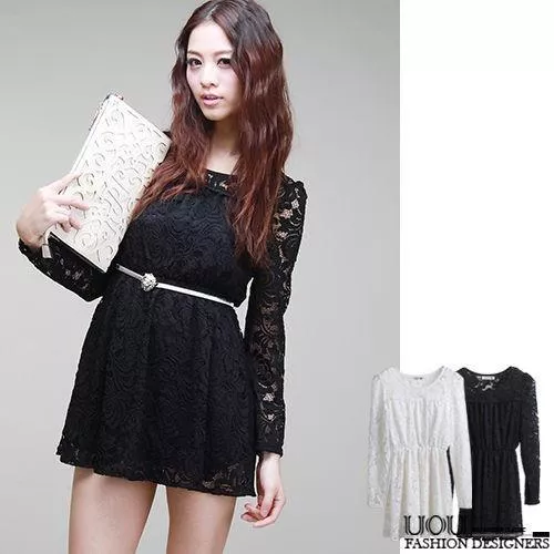氣質圓領公主長袖長板上衣蕾絲勾花傘狀洋裝【F138409】