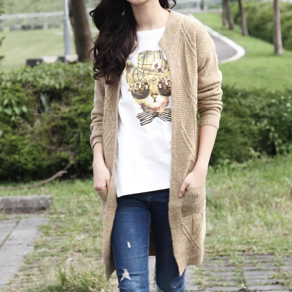 韓款 針織外套 罩衫 麻花編織 中長款 針織 女 外套 毛衣 素色