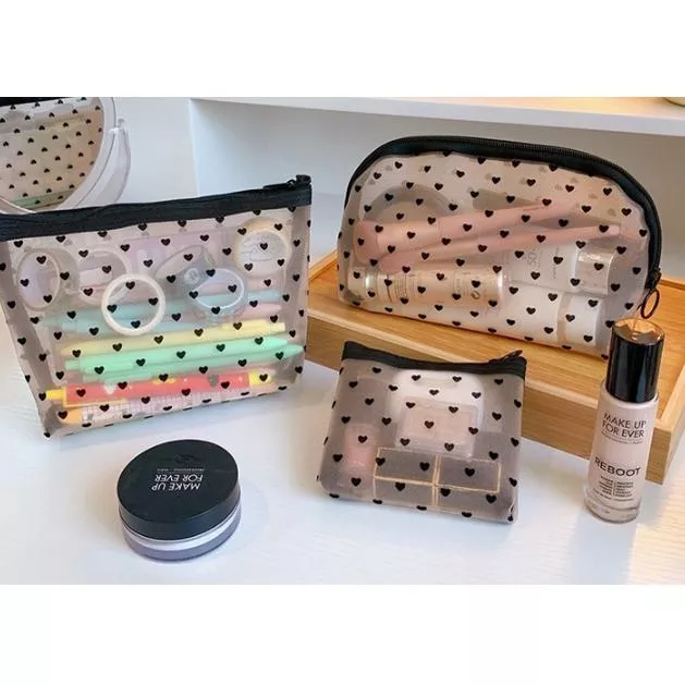 愛心圖案 網狀化妝包 大容量化妝包 收納包