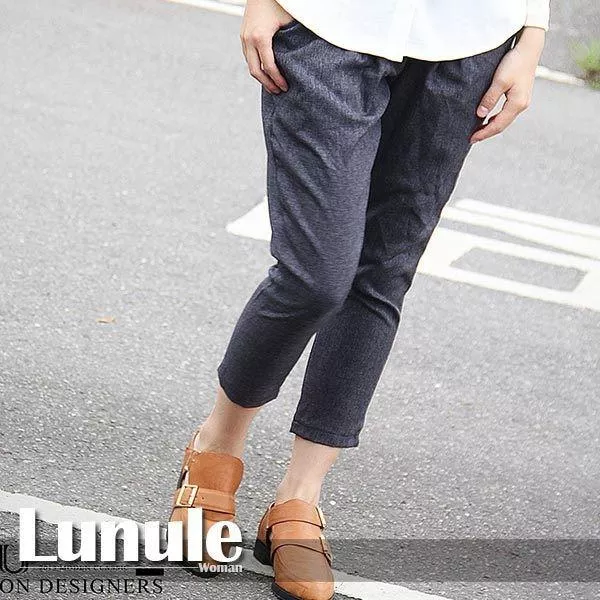 質感鬆緊帶口袋正面打折窄管褲九分褲 A159
