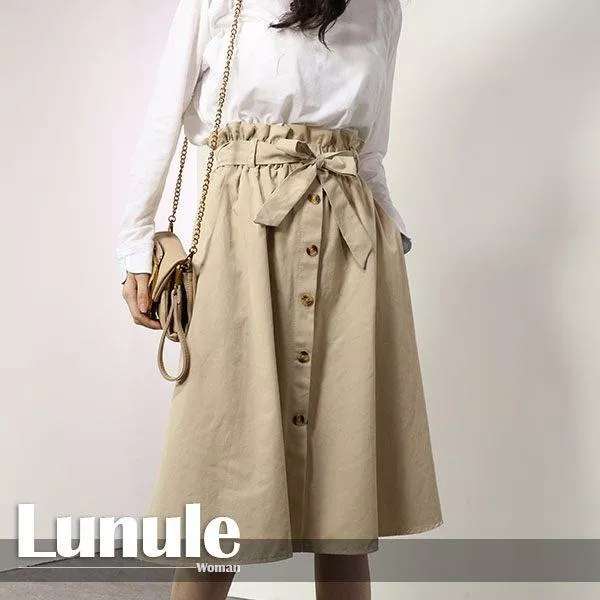 經典必敗款 好質感高腰中長款荷葉口鬆緊蝴蝶結綁帶棉麻寬鬆顯瘦抓皺及膝裙‧3色/K017