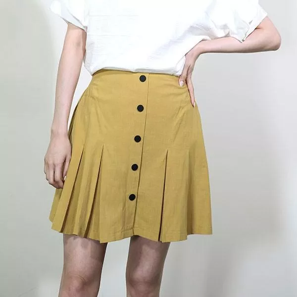 彈性可伸縮百搭學生清新上班族OL度假顯瘦百褶排扣A字裙 3色 A1011