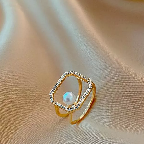 方形簍空珍珠水鑽造型戒指 簡約氣質 風 指環 手 飾品 開口可調節