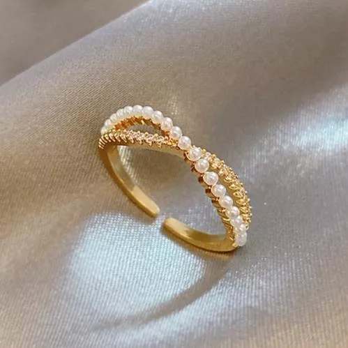 珍珠水鑽交叉造型戒指 簡約氣質 風 指環 手 飾品 開口可調節