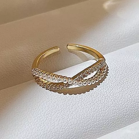 珍珠水鑽交叉造型戒指簡約氣質 風 指環 手 飾品 開口可調節