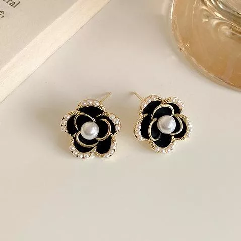 韓風 珍珠滾邊 小香風 山茶花 女 長款 耳釘 耳飾 耳環 耳針 飾品 (黑色)