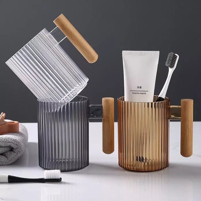 高顏質質感木柄條紋透明漱口杯 塑膠 情侶牙膏杯 多功能通用水杯 簡約時尚 雙色漱口杯 漱口杯