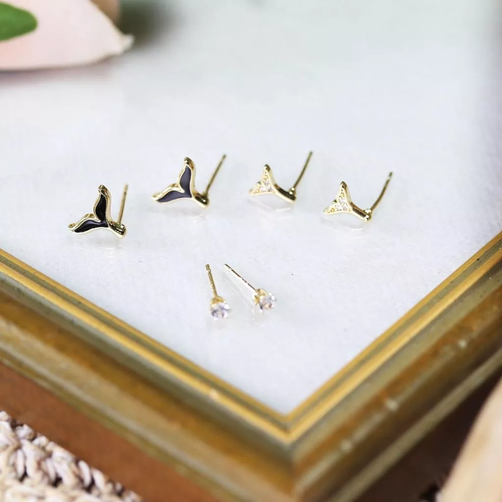 韓款 氣質簡約人魚尾小耳釘 水鑽 耳釘 耳飾 耳環 耳針 女 飾品 小巧 六件組