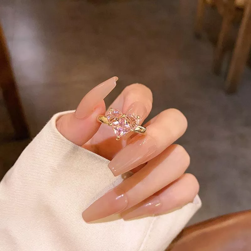 粉紅愛心水鑽造型戒指簡約氣質 風 指環 手 飾品 開口可調節