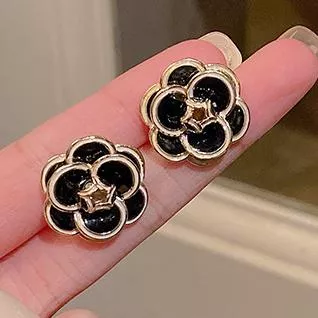 韓風 小香風 山茶花 女 長款 耳釘 耳飾 耳環 耳針 飾品 (黑色)