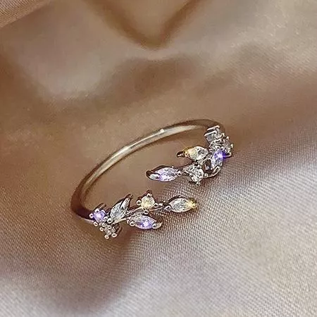 韓款 葉子水鑽 戒指簡約氣質 風 指環 手 飾品 開口可調節 水鑽