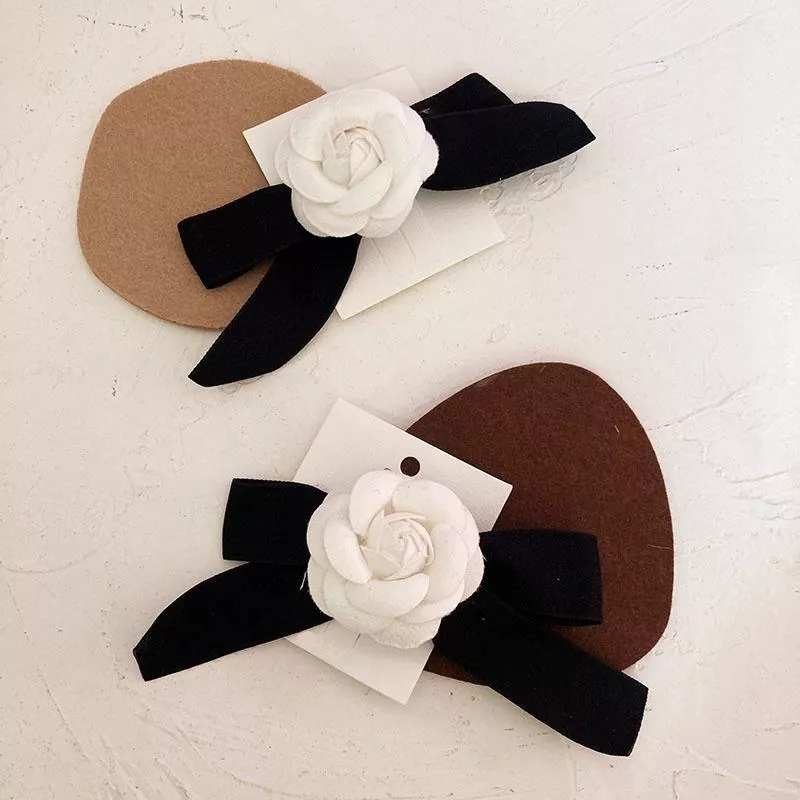 法式黑色花蝴蝶結山茶花髮夾 蝴蝶結 女 小香風 夾子 頭飾 髮飾 邊夾 少女髮卡 鴨嘴夾 R1