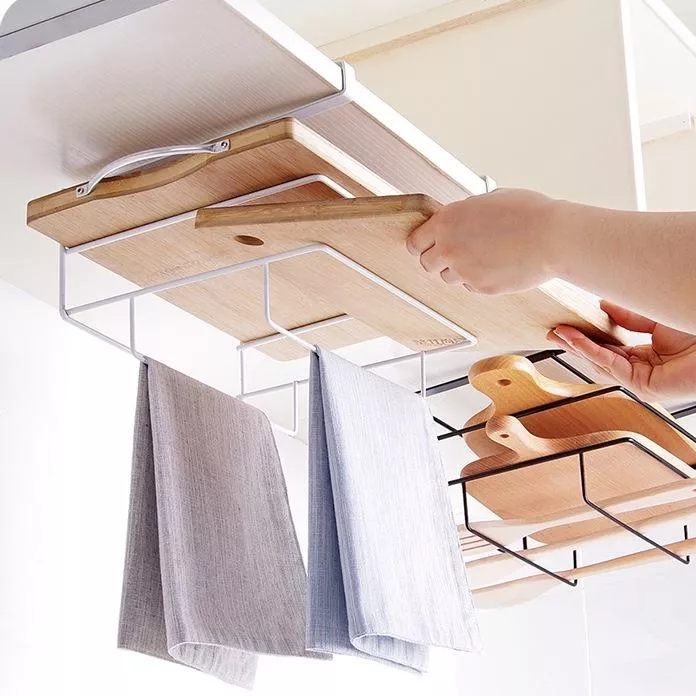 櫥櫃免打孔掛架 雙層收納架 廚房雙層抹布置物架 鐵藝掛架 沾板收納架 切菜板收納架 抹布收納架 收納架 廚房無痕免釘