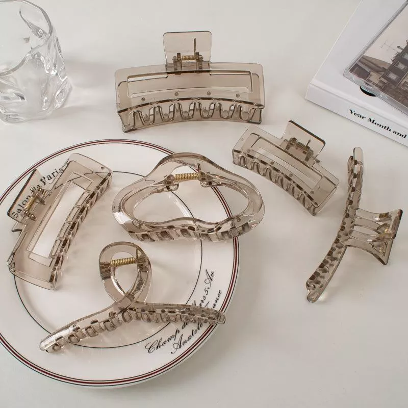 高級感 透明灰色抓夾大號髮量多後腦勺鯊魚夾韓款新款髮抓 髮夾 髮飾 鯊魚夾