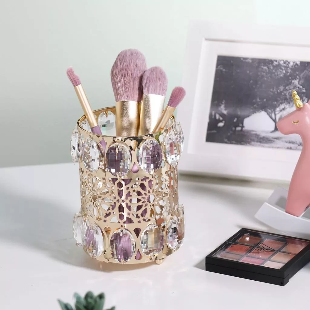 金屬水晶造型華麗收納桶 筆筒收納圓桶 紫色刷具 歐式水晶筆筒化妝刷收納筒美甲梳子整理收納盒 小刷桶 ins 美妝工具