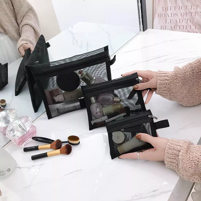 方形網紗化妝洗漱包 便攜旅行包大容量化妝品包眉筆化妝刷收納包袋