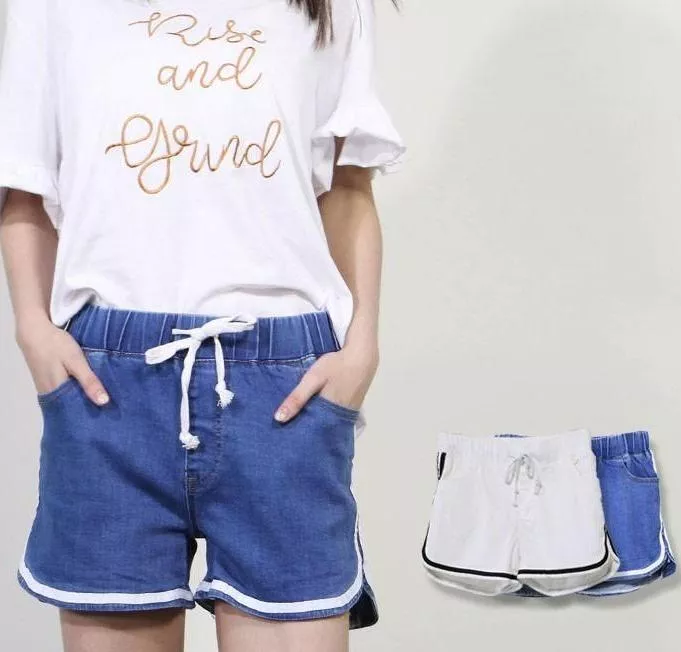 真理褲弧形邊寬鬆闊腿顯瘦運動褲 斜插拉鏈口袋百搭休閒風運動短褲 女生健身假兩件防走光短褲牛仔短褲A1028