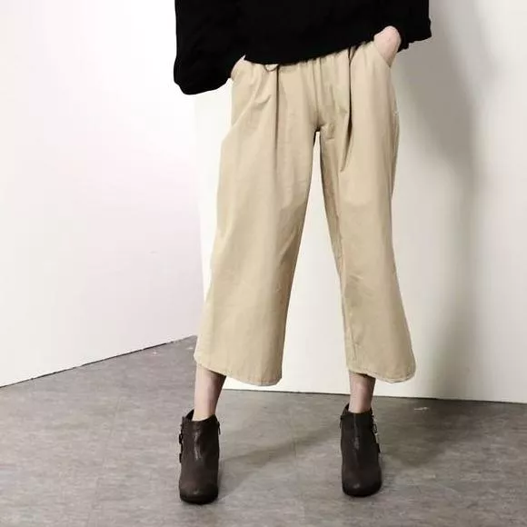 質感鬆緊帶寬鬆荷葉口蝴蝶結綁帶棉麻修身顯瘦寬版長褲九分褲寬褲/K022