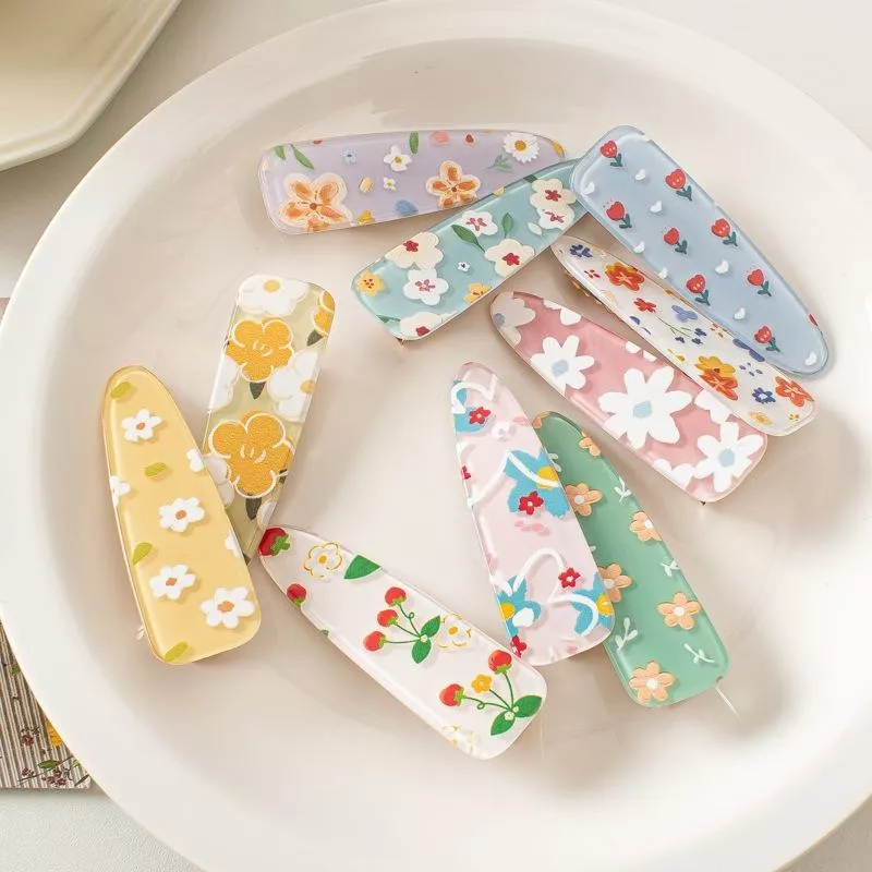 韓款 春夏 壓克力鴨嘴夾 夏季 新款 高級感瀏海夾 髮卡 髮飾 小花 邊夾