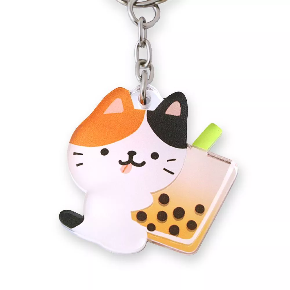 小鏡子鑰匙圈｜珍奶三花貓