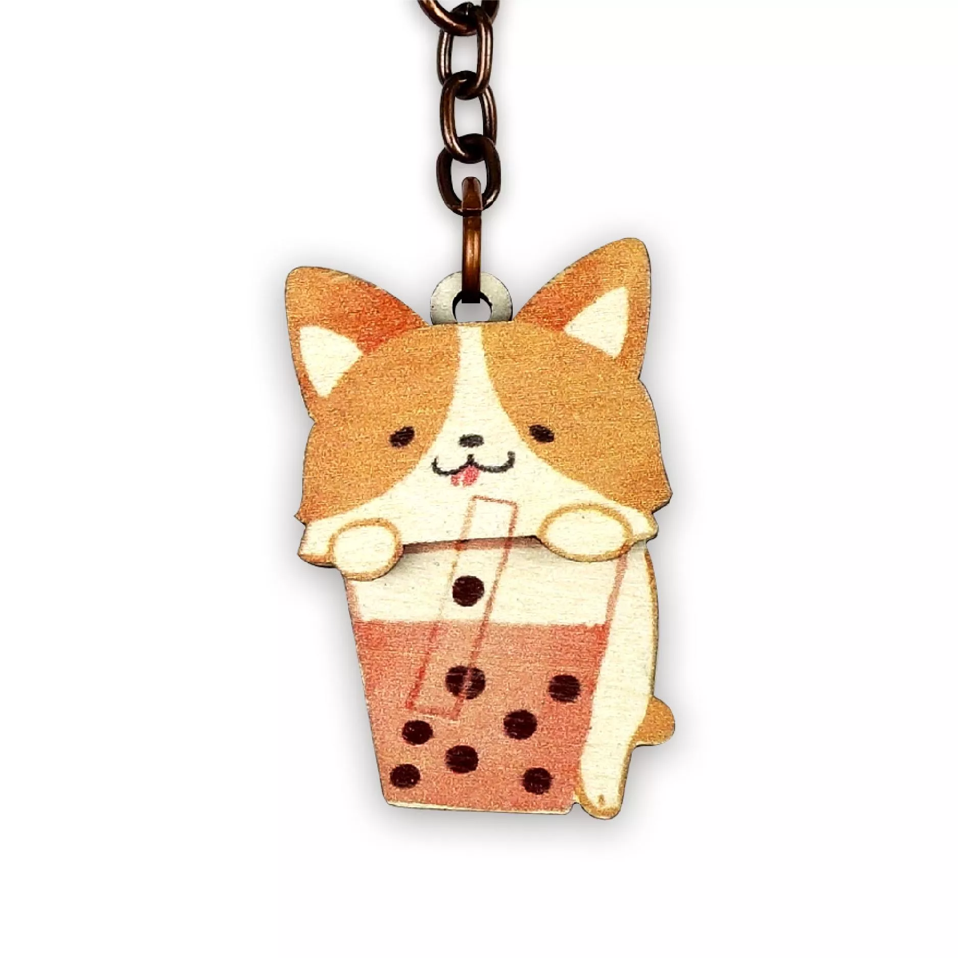 木鑰匙圈｜柯基珍奶