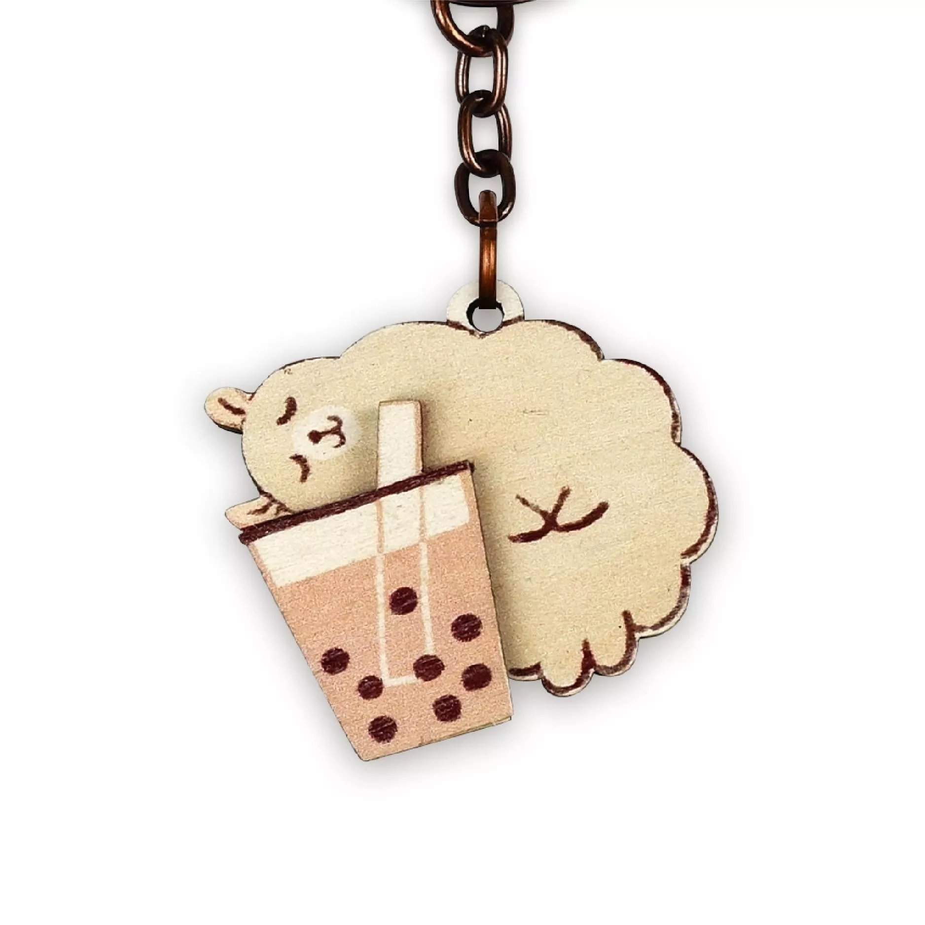 木鑰匙圈｜羊駝珍奶