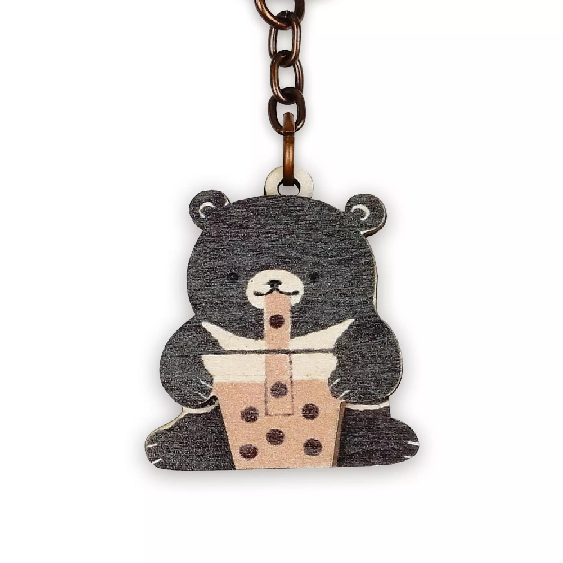 木鑰匙圈｜黑熊珍奶