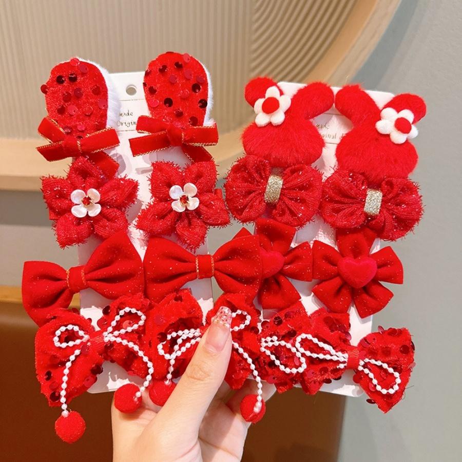 ❤️Annie❤️兒童過年髮飾 髮夾8件套組 新年頭飾 兒童髪夾 女童髪夾 兒童配件 女童 寶寶 大紅色髮夾 新年禮物