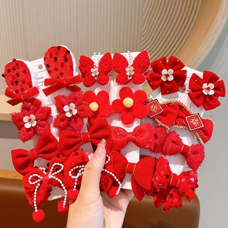 ❤️Annie❤️兒童過年髮飾 髮夾8件套組 新年頭飾 兒童髪夾 女童髪夾 兒童配件 女童 寶寶 大紅色髮夾 新年禮物