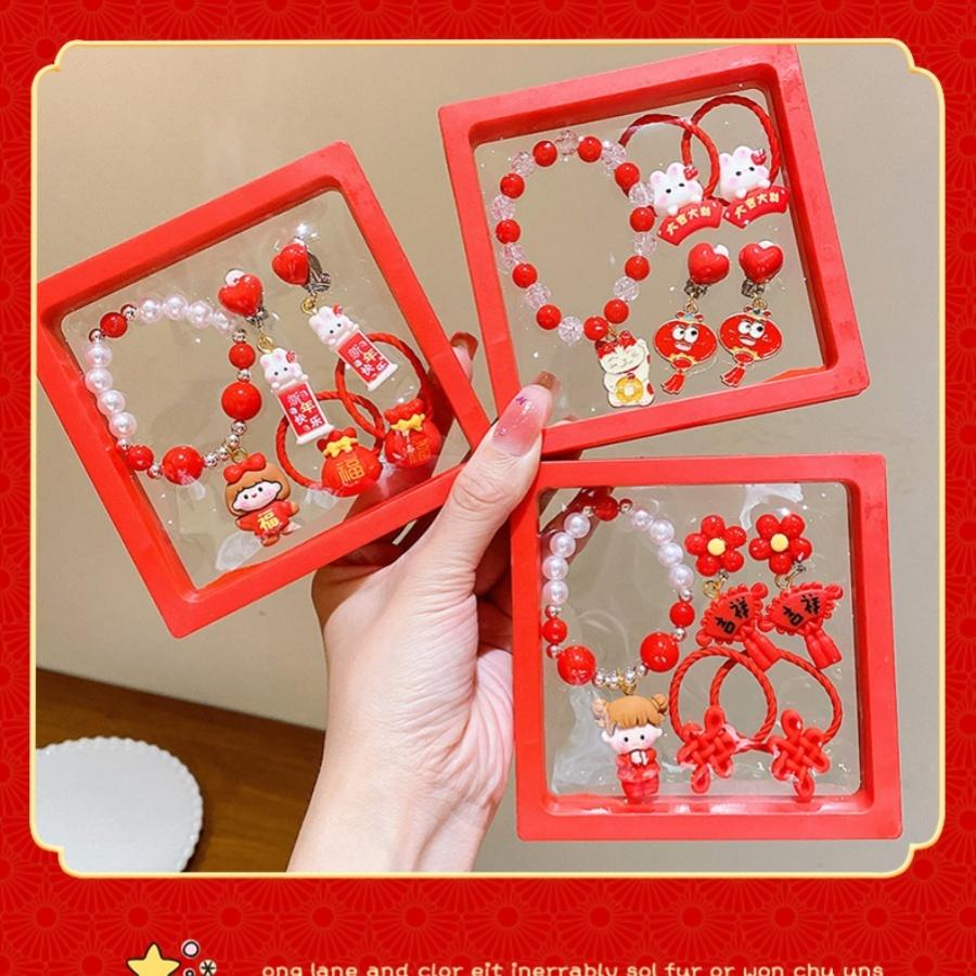 ❤️Annie❤️兒童新年髮飾 髪飾5件套組 過年頭飾 兒童手鍊 女童髪夾 兒童髪圈 夾飾耳環 女童 寶寶 新年禮物