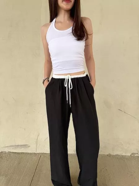 撞色繫帶休閒褲