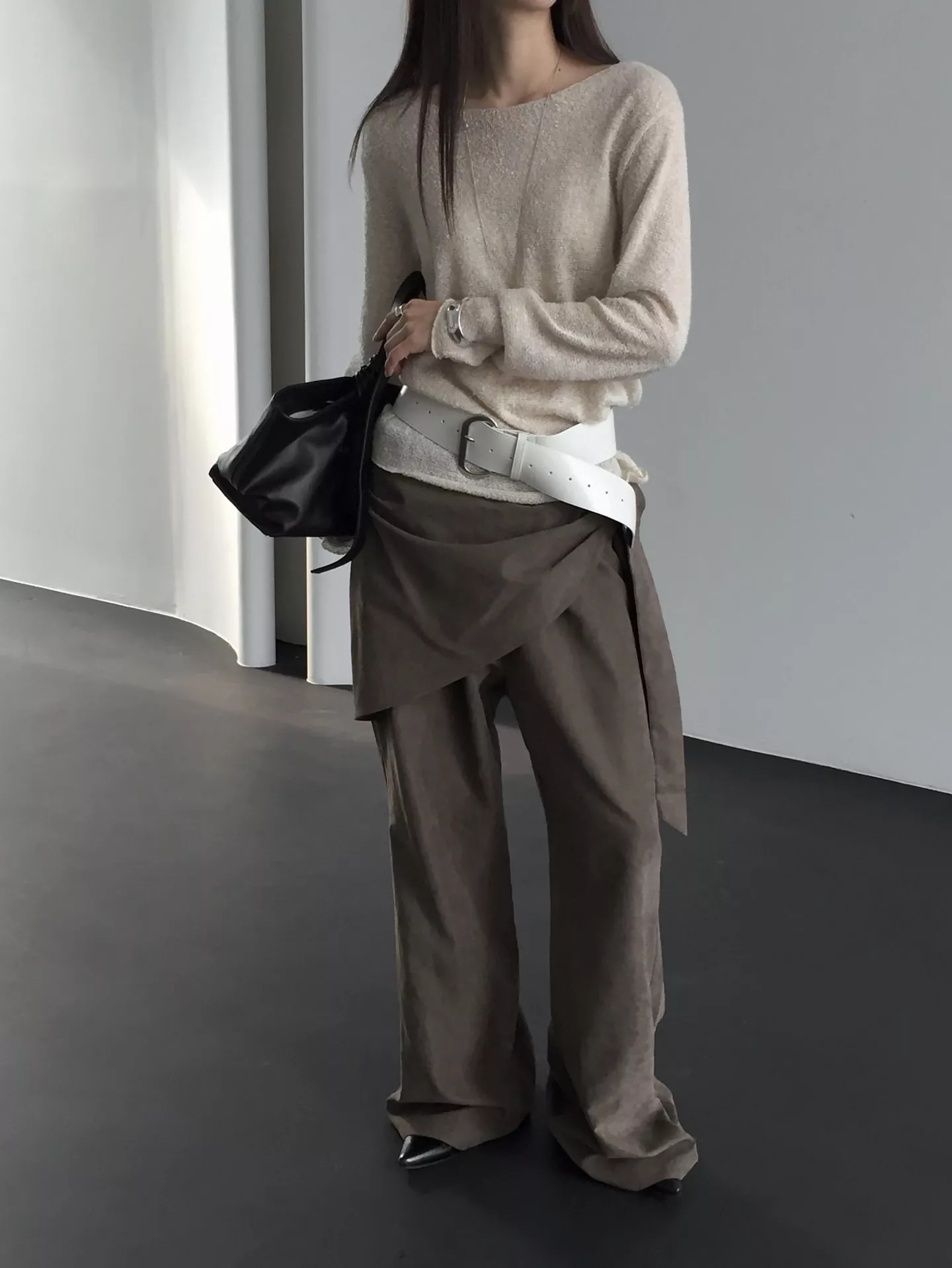 復古感帶不規則裙片寬褲