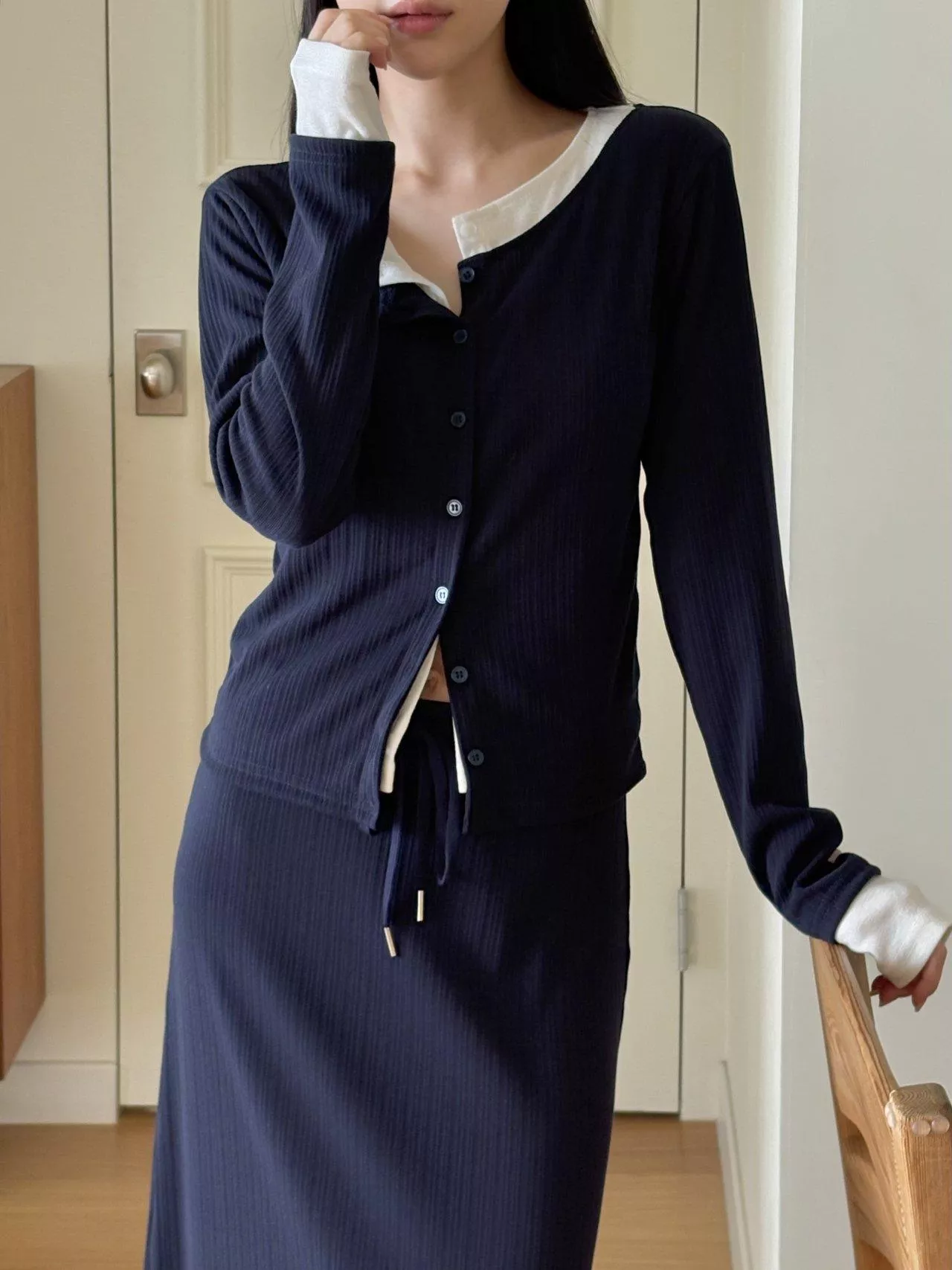 雙色拼接開襟套裝