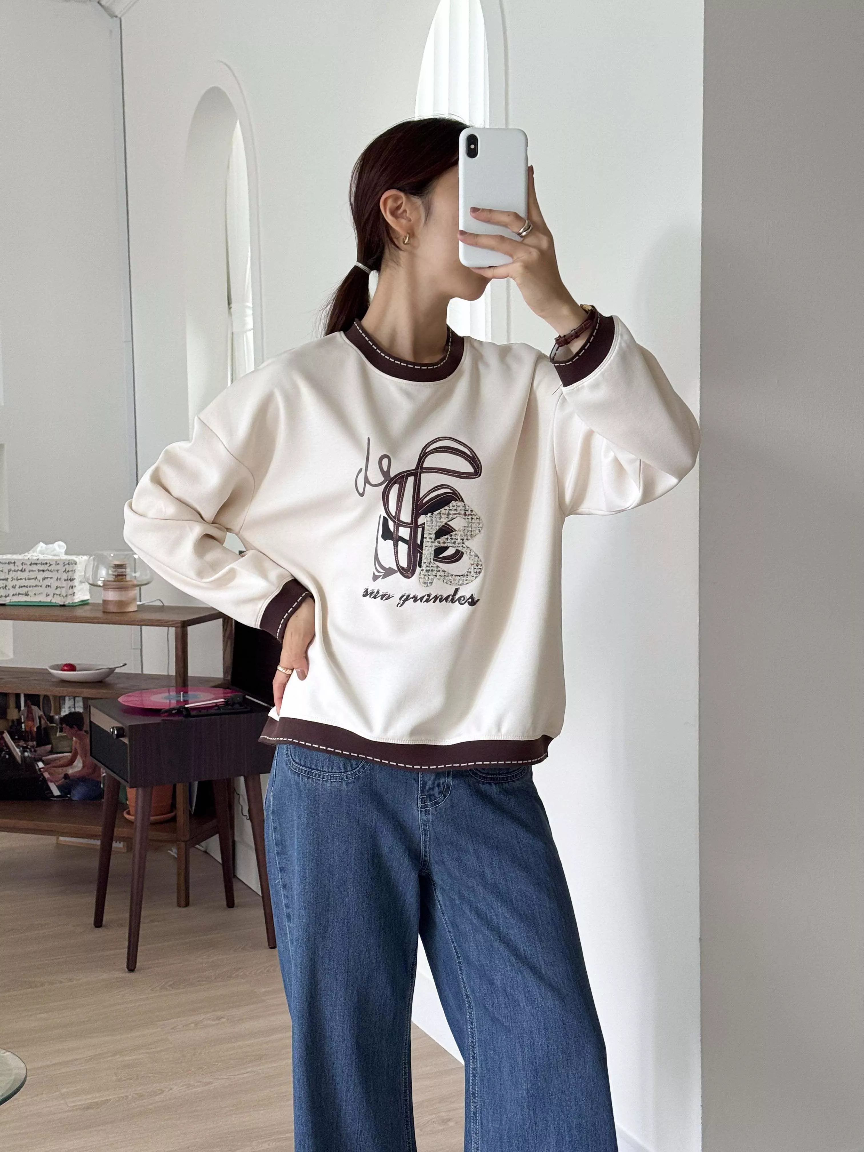 造型縫線羅紋印花拼色T恤