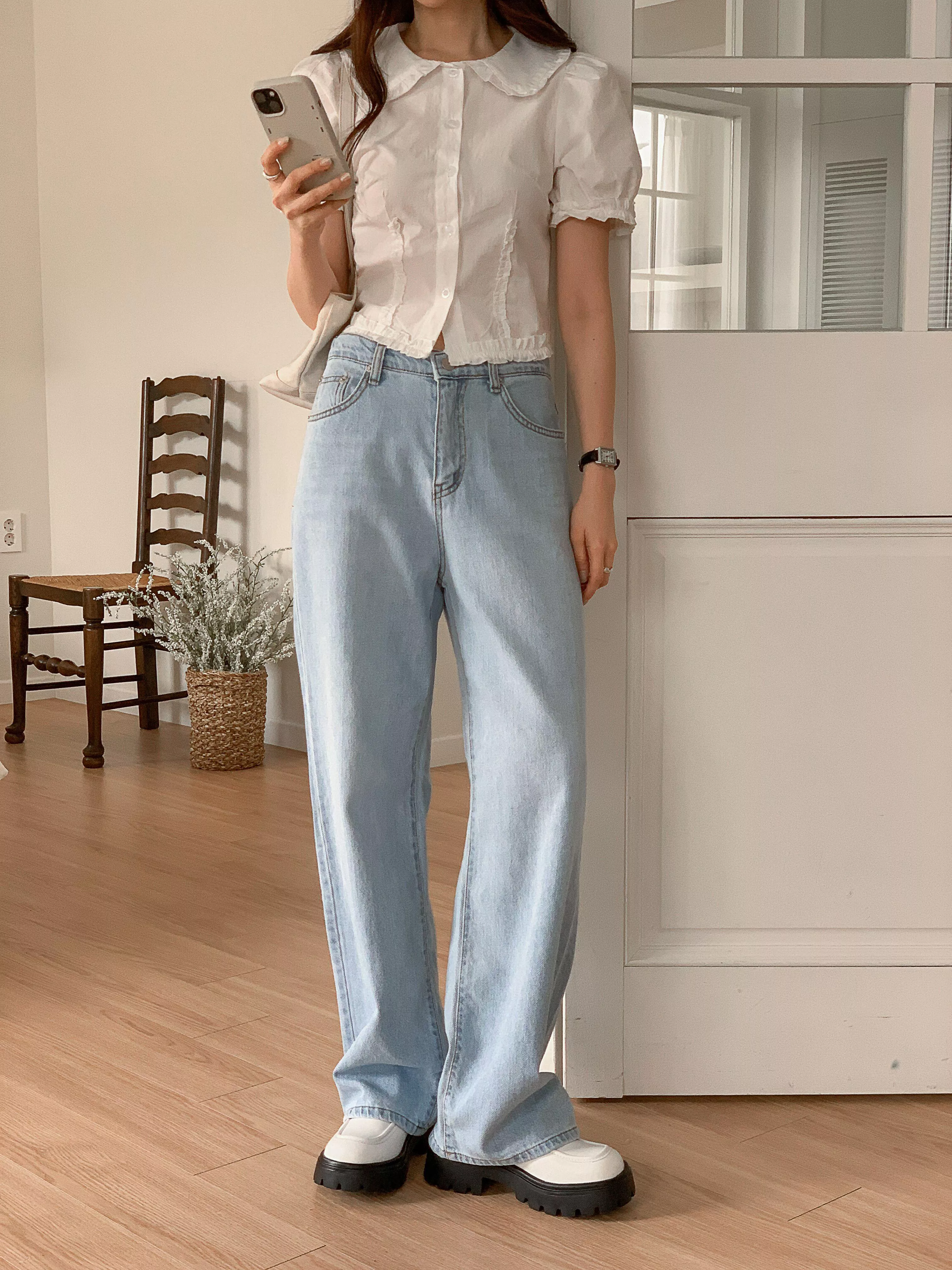 後腰寬鬆闊腿牛仔褲