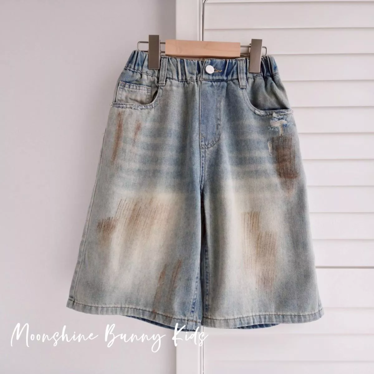 仿舊刷紋八分寬版牛仔褲