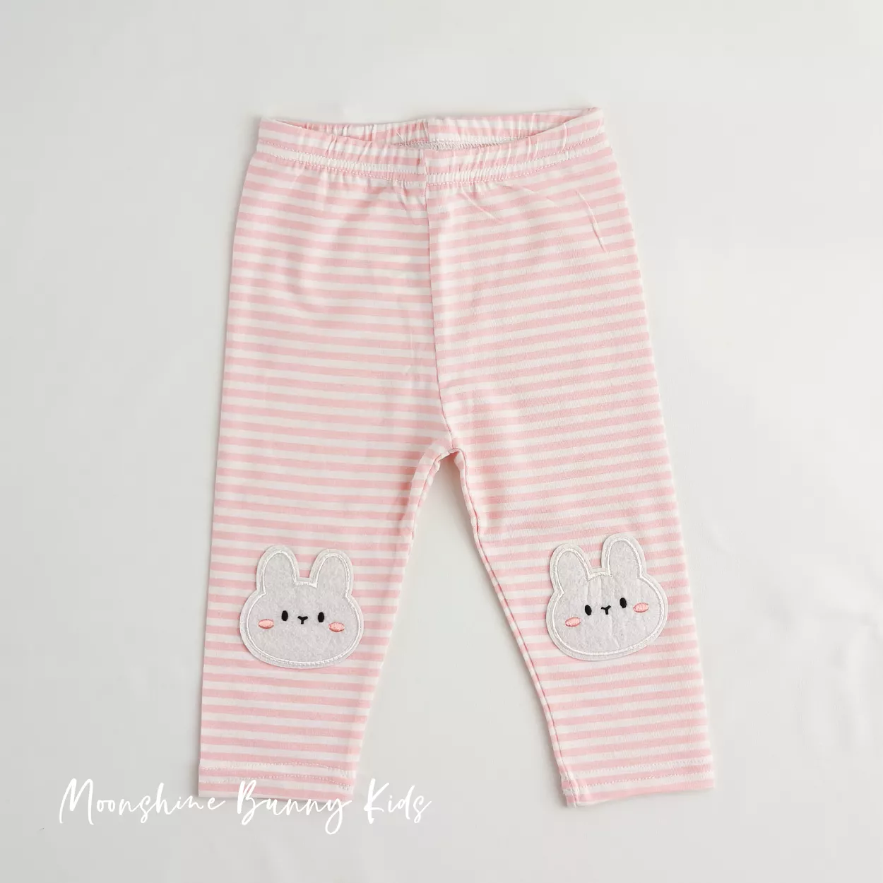 兔兔粉白橫條長褲