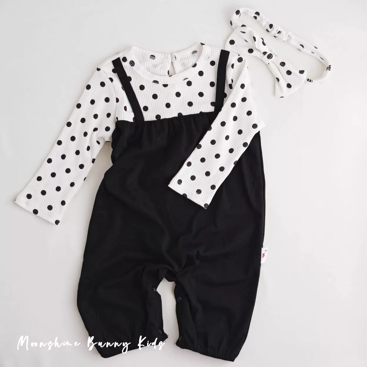 白底黑點點假兩件連身服 (附髮帶)