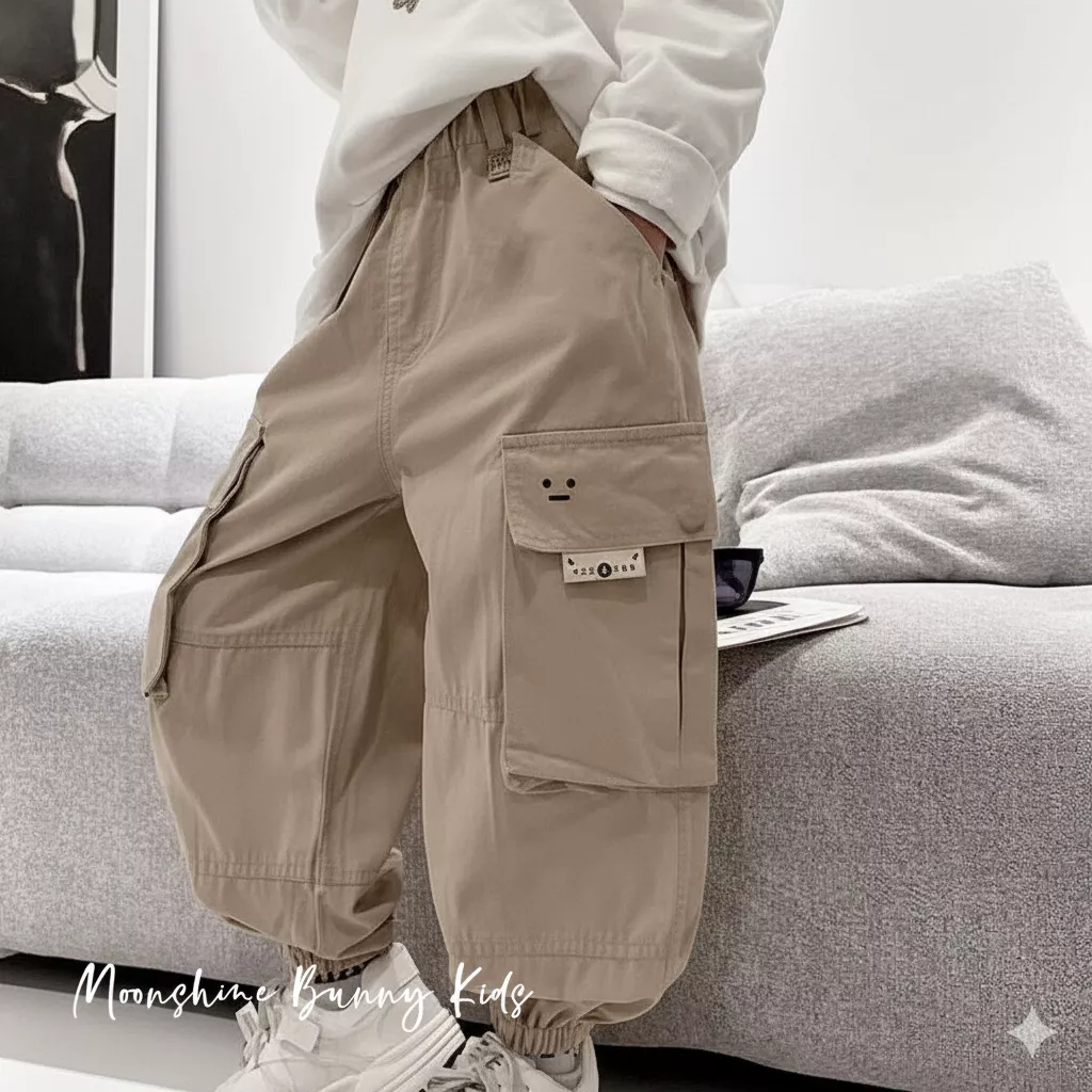 ・_・數字口袋縮口工裝褲 (卡其)