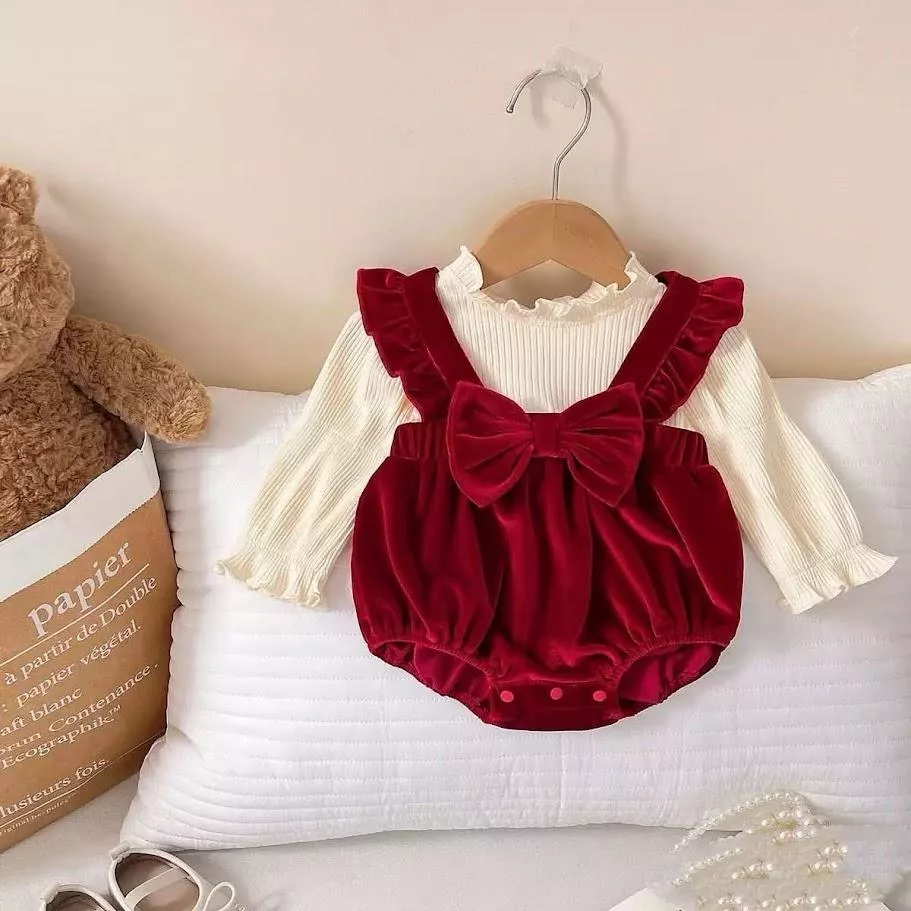 紅絲絨假兩件包屁服