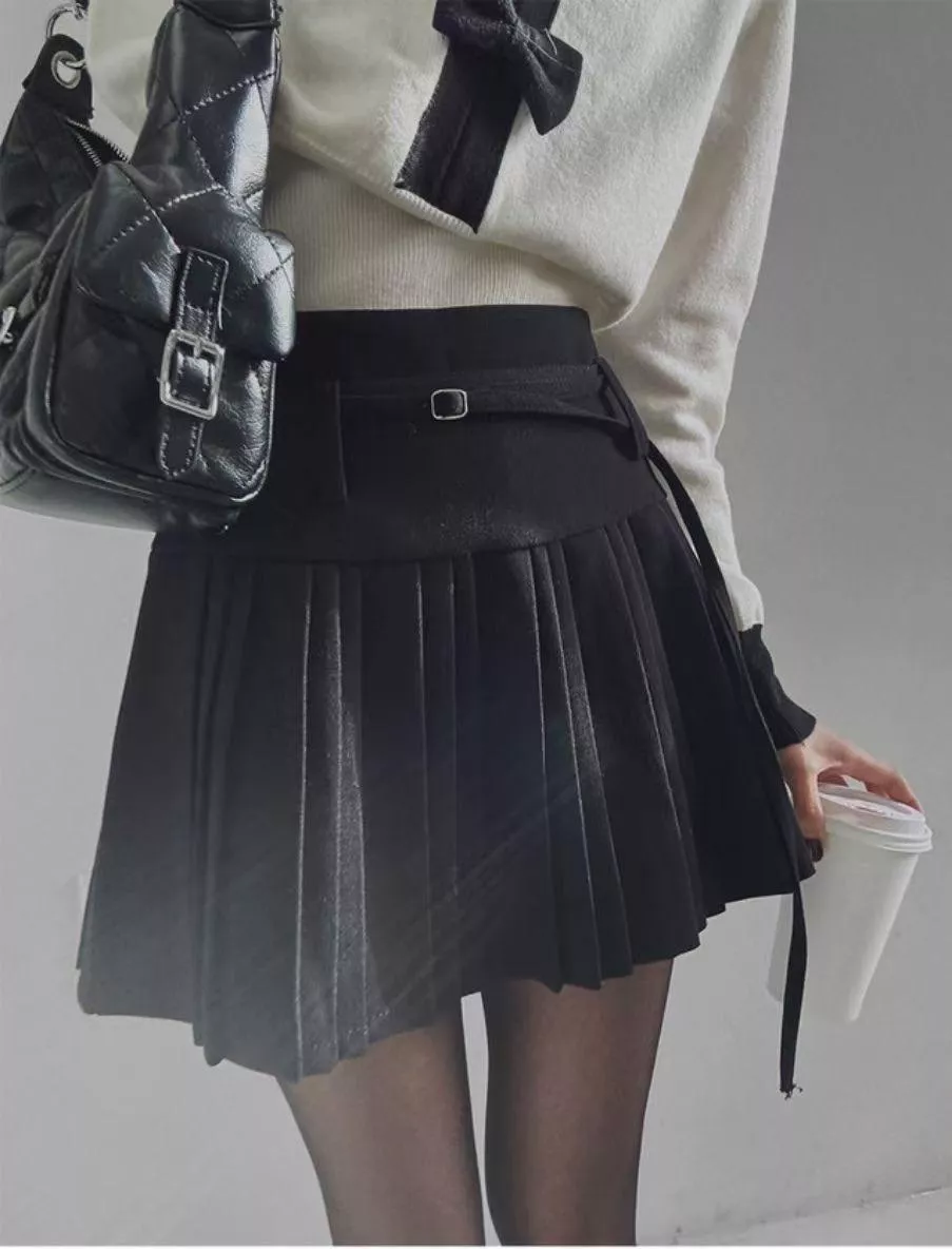 《暮夜褶影》正韓綁帶百褶短裙