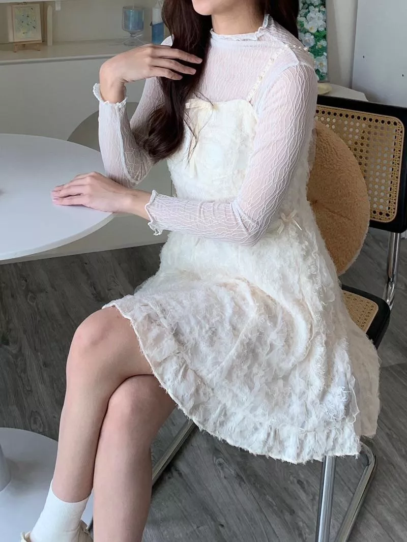 蕾絲透膚菱格紋長袖內搭打底上衣｜疊穿｜多層次｜百搭