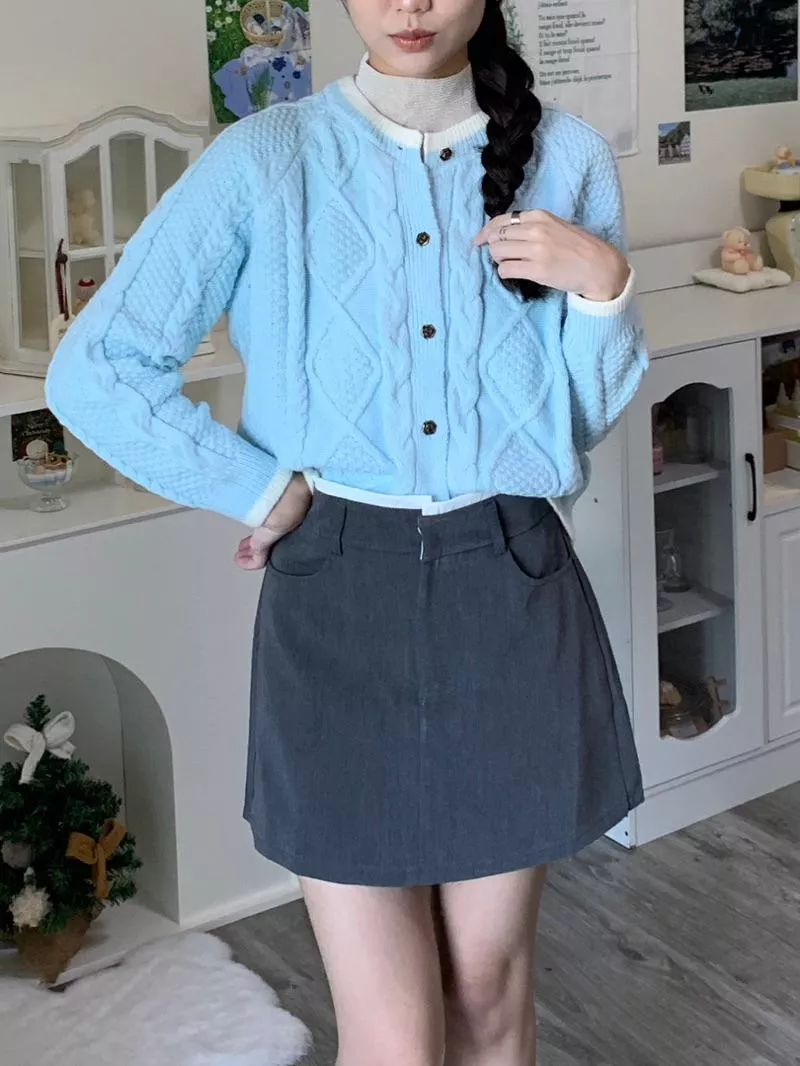 女神降臨甜美寶寶藍粗針織外套｜咖啡廳｜大學生